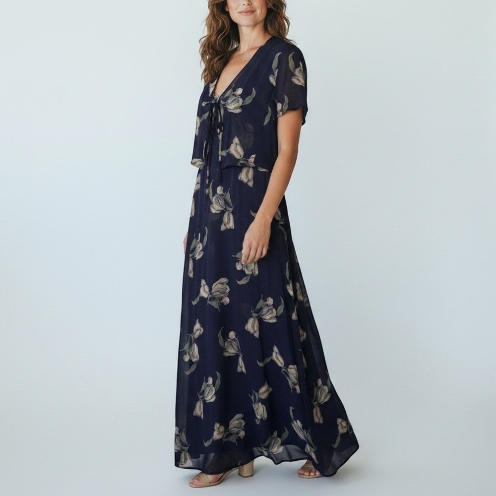 Dana Buchman 100% Silk Floral Maxi Dress & Sheer Topper Set Navy Purple Size 10